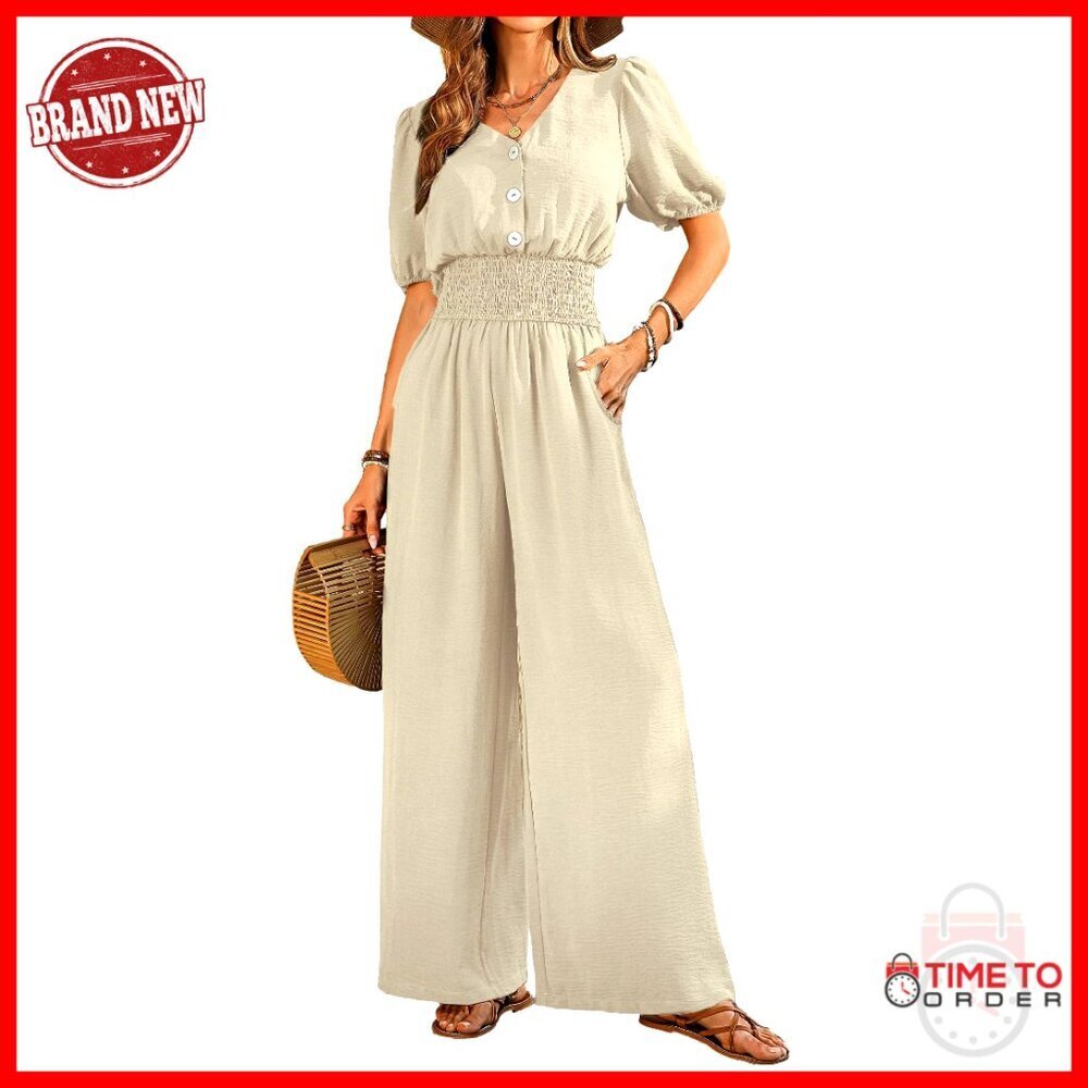V-Neck Short Sleeve Wide Leg Jumpsuit Smocked Waist Elegant Casual Summer